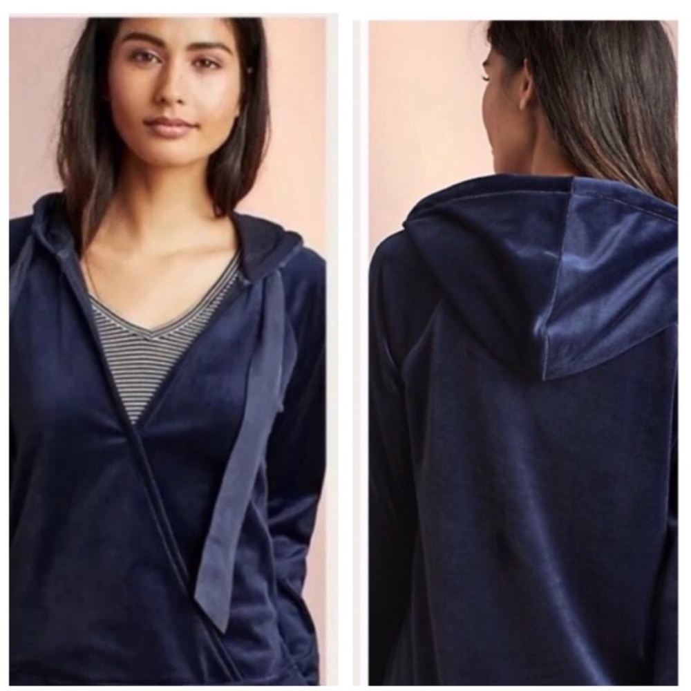 Anthropologie Saturday Sunday Navy Blue Velvet Wrap V-Neck Hoodie Size XS